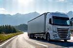 Large heavy goods vehicle (HGV) on a highway against a mountain backdrop.